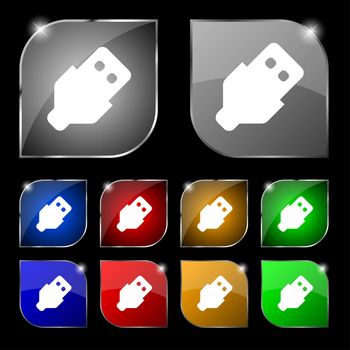 USB icon sign. Set of ten colorful buttons with glare. illustration