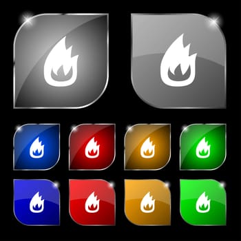 Fire flame icon sign. Set of ten colorful buttons with glare. illustration