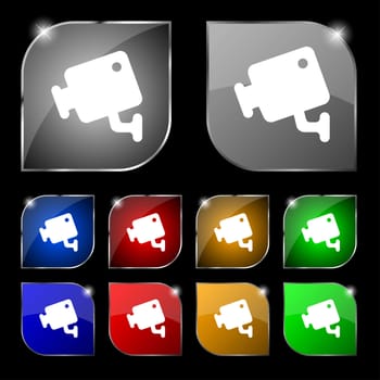 video camera icon sign. Set of ten colorful buttons with glare. illustration