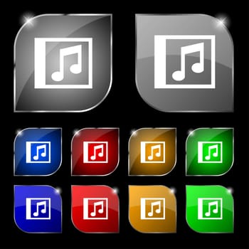 Audio, MP3 file icon sign. Set of ten colorful buttons with glare. illustration