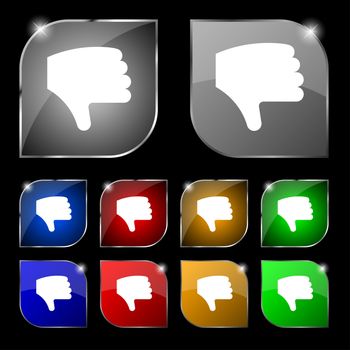 Dislike, Thumb down, Hand finger down icon sign. Set of ten colorful buttons with glare. illustration