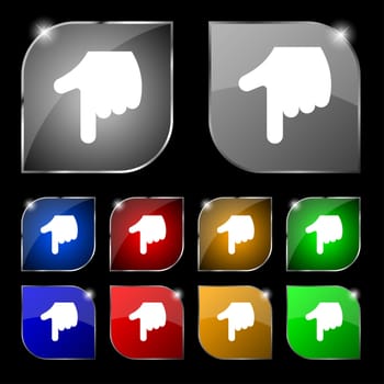 pointing hand icon sign. Set of ten colorful buttons with glare. illustration
