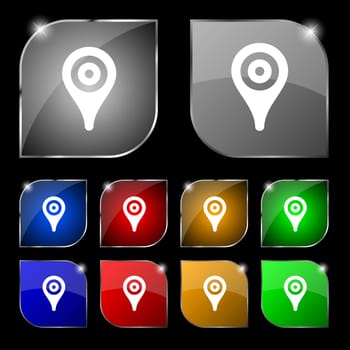 Map pointer, GPS location icon sign. Set of ten colorful buttons with glare. illustration