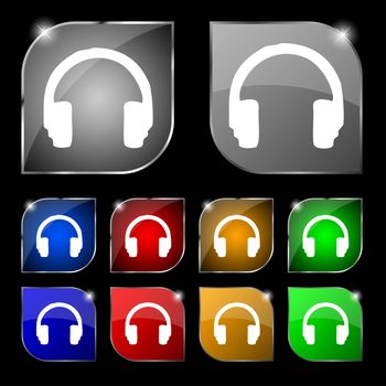 headsets icon sign. Set of ten colorful buttons with glare. illustration