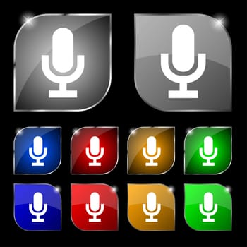 microphone icon sign. Set of ten colorful buttons with glare. illustration