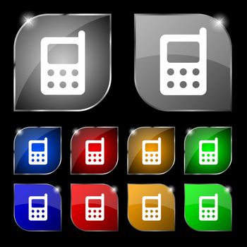 mobile phone icon sign. Set of ten colorful buttons with glare. illustration