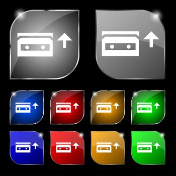 audio cassette icon sign. Set of ten colorful buttons with glare. illustration