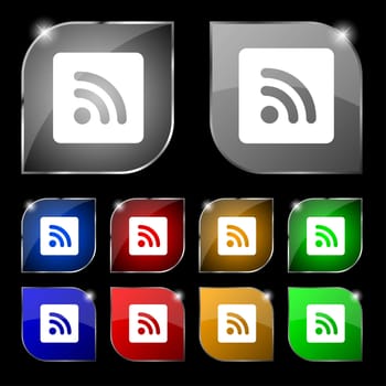 RSS feed icon sign. Set of ten colorful buttons with glare. illustration