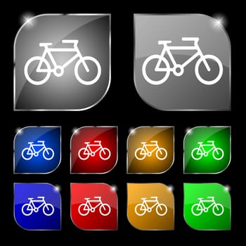 bike icon sign. Set of ten colorful buttons with glare. illustration