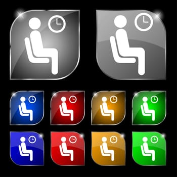 waiting icon sign. Set of ten colorful buttons with glare. illustration
