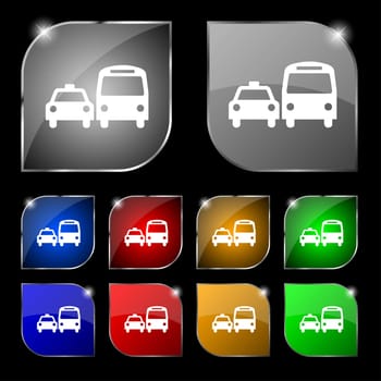taxi icon sign. Set of ten colorful buttons with glare. illustration
