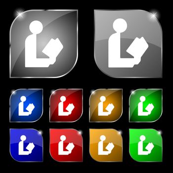 read a book icon sign. Set of ten colorful buttons with glare. illustration