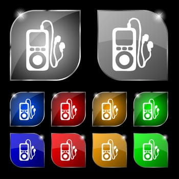 MP3 player, headphones, music icon sign. Set of ten colorful buttons with glare. illustration