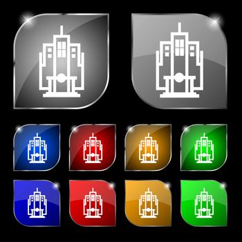 skyscraper icon sign. Set of ten colorful buttons with glare. illustration