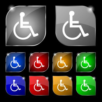 disabled icon sign. Set of ten colorful buttons with glare. illustration