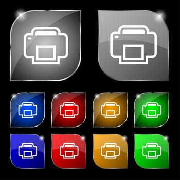 Printing icon sign. Set of ten colorful buttons with glare. illustration