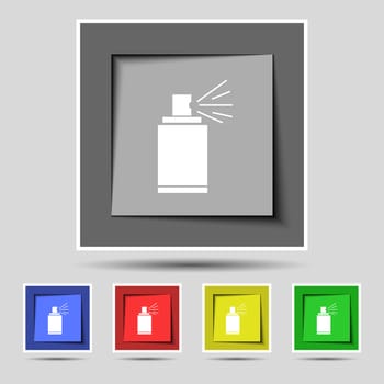 Graffiti spray can sign icon. Aerosol paint symbol. Set of colored buttons. illustration