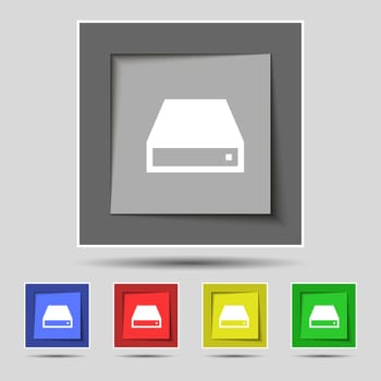 CD-ROM icon sign on the original five colored buttons. illustration