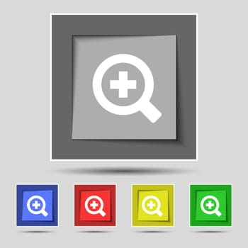 Magnifier glass, Zoom tool icon sign on the original five colored buttons. illustration