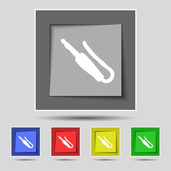 plug, mini jack icon sign on original five colored buttons. illustration