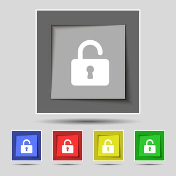Open Padlock icon sign on the original five colored buttons. illustration