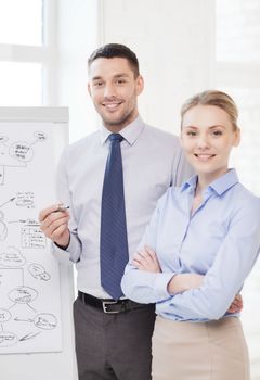 business, education and office concept - smiling business team with flip board in office discussing something