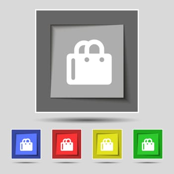 shopping bag icon sign on original five colored buttons. illustration