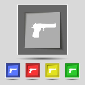 gun icon sign on original five colored buttons. illustration