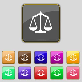 Scales of Justice sign icon. Court law symbol. Set colourful buttons. illustration