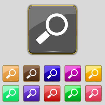 Magnifier glass sign icon. Zoom tool button. Navigation search symbol. Set colourful buttons illustration