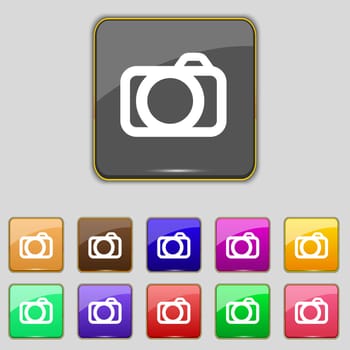 Photo camera sign icon. Digital photo camera symbol. Set colourful buttons. illustration