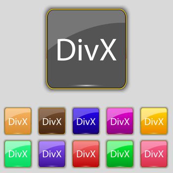 DivX video format sign icon. symbol. Set of colored buttons. illustration