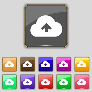 Upload from cloud icon sign. Set with eleven colored buttons for your site. illustration