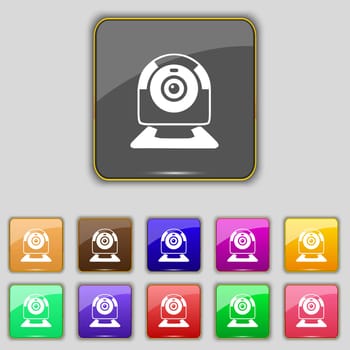 Webcam sign icon. Web video chat symbol. Camera chat. Set of colored buttons. illustration