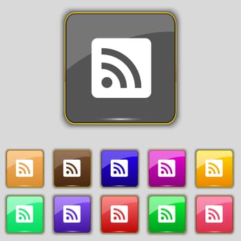 RSS feed icon sign. Set with eleven colored buttons for your site. illustration