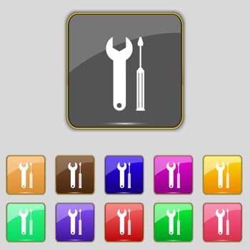 Repair tool sign icon. Service symbol. screwdriver with wrench. Set of colored buttons. illustration