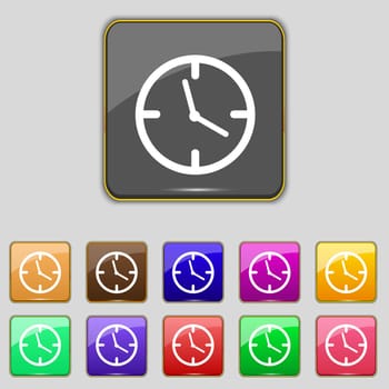 Clock time sign icon. Mechanical watch symbol. Set of colourful buttons. illustration