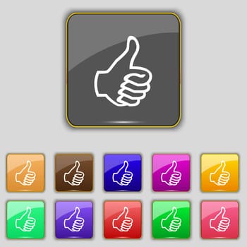 Like sign icon. Thumb up sign. Hand finger up. Set of colored buttons. illustration