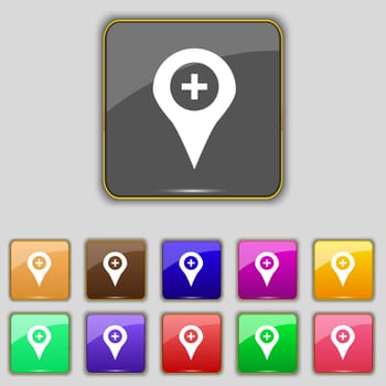 Plus Map pointer, GPS location icon sign. Set with eleven colored buttons for your site. illustration