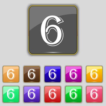 number six icon sign. Set of coloured buttons. illustration