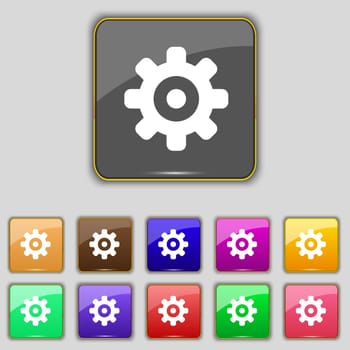 Cog settings, Cogwheel gear mechanism icon sign. Set with eleven colored buttons for your site. illustration