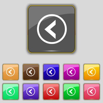 Arrow left, Way out icon sign. Set with eleven colored buttons for your site. illustration