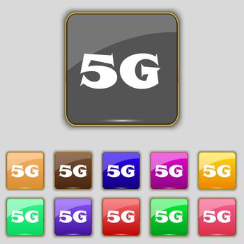 5G sign icon. Mobile telecommunications technology symbol. Set of colour buttons. illustration