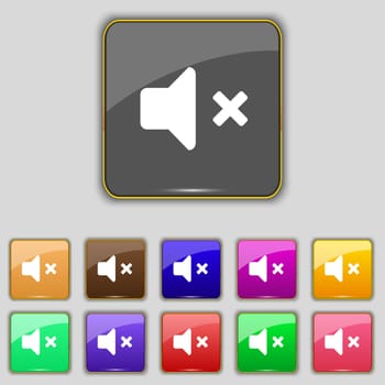 Mute speaker , Sound icon sign. Set with eleven colored buttons for your site. illustration