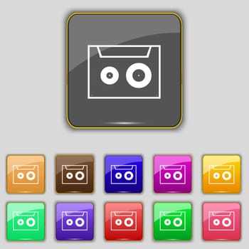 cassette sign icon. Audiocassette symbol. Set of colour buttons. illustration