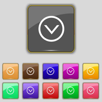 Arrow down, Download, Load, Backup icon sign. Set with eleven colored buttons for your site. illustration