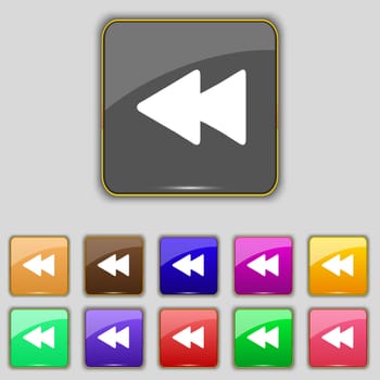 rewind icon sign. Set with eleven colored buttons for your site. illustration