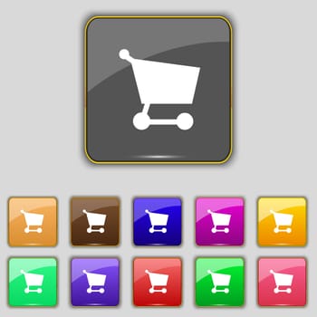 Shopping basket icon sign. Set with eleven colored buttons for your site. illustration