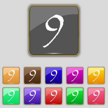 number Nine icon sign. Set of coloured buttons. illustration