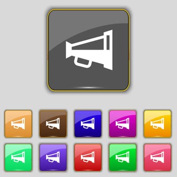 Megaphone soon, Loudspeaker icon sign. Set with eleven colored buttons for your site. illustration